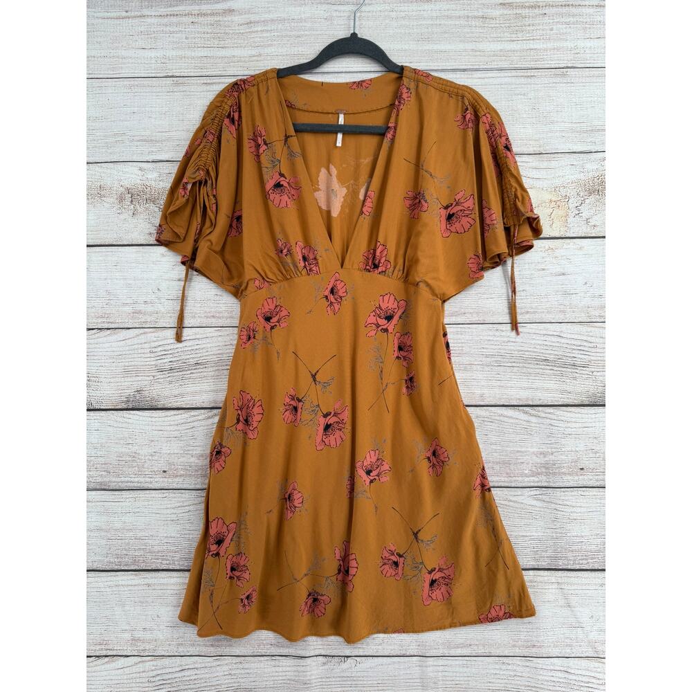 Free People Floral V-Neck‎ Mini Dress Womens 6 Brown Pink Stretch 2 Pockets